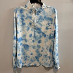 Rhoback Women's Far Out Q-Zip Long Sleeve Top Blue White Tie Dye Shirt large